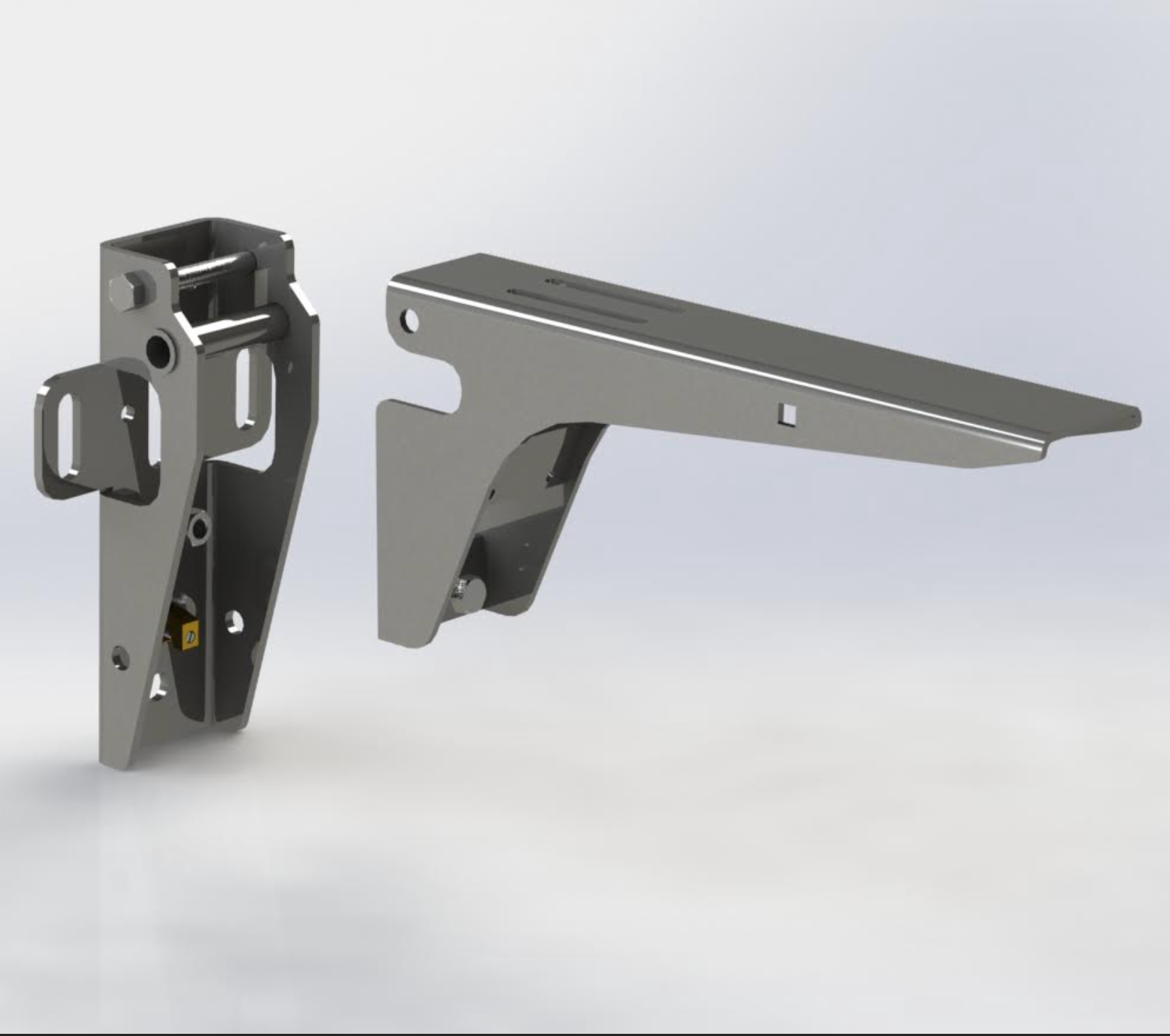 Metal bracket system, with a vertical mounting plate and a horizontal shelf support. Gray, on white background.