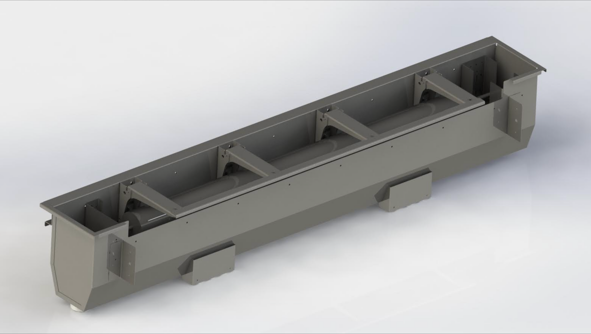 Gray rectangular industrial container with internal supports and mounting brackets.