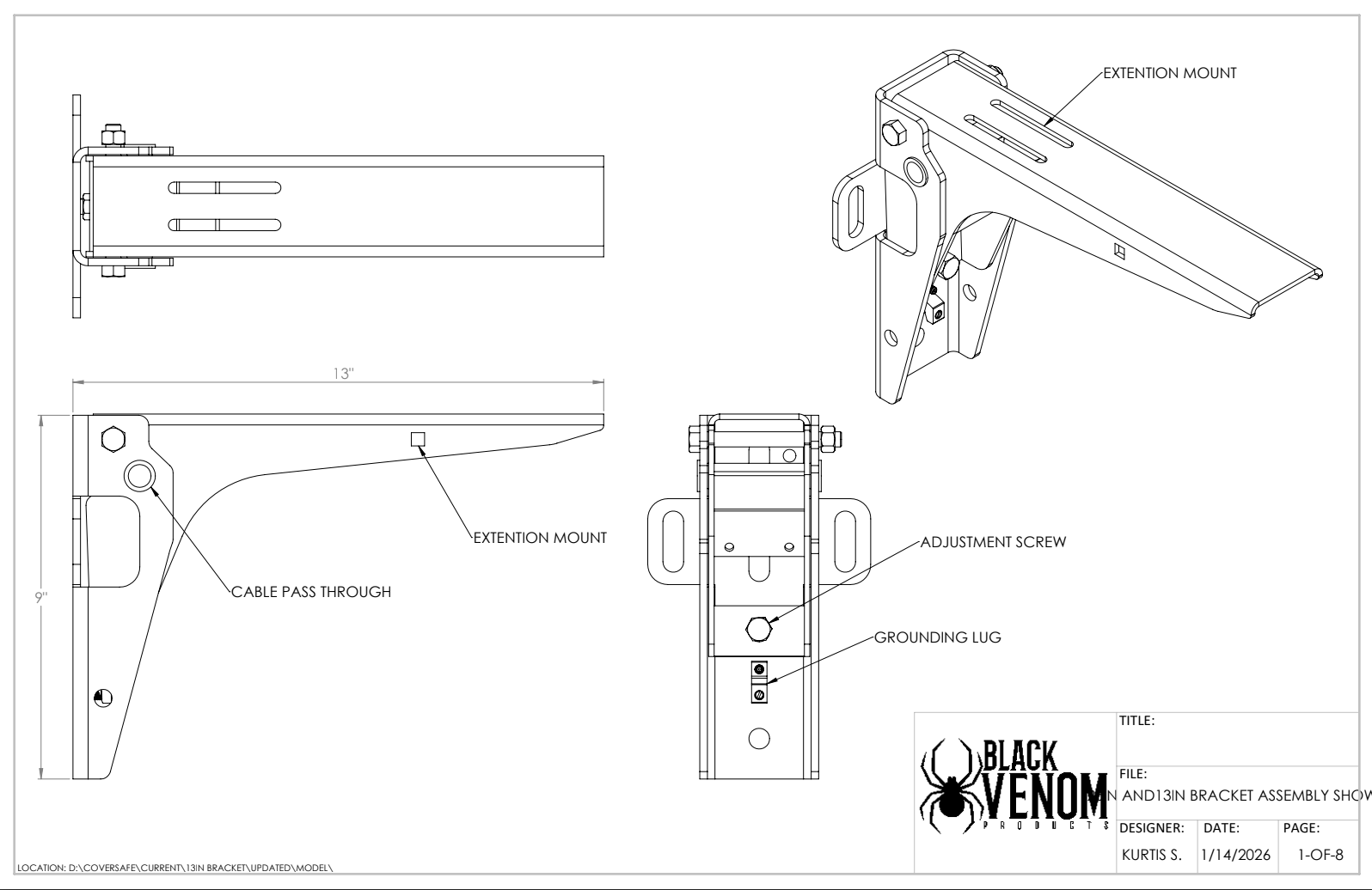 Technical drawing of a Black Venom branded folding shelf bracket, displaying various views and dimensions.