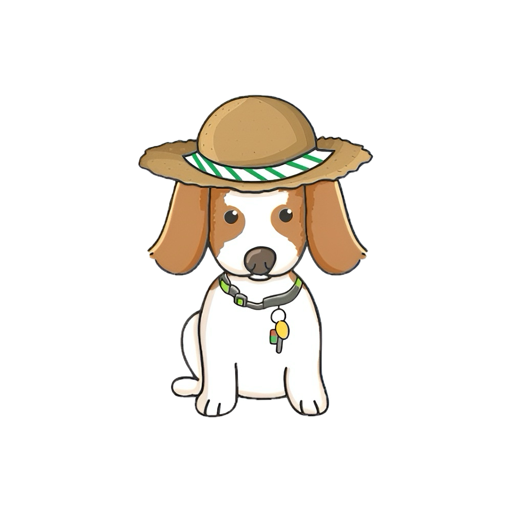 A brown and white dog wearing a straw hat and collar.