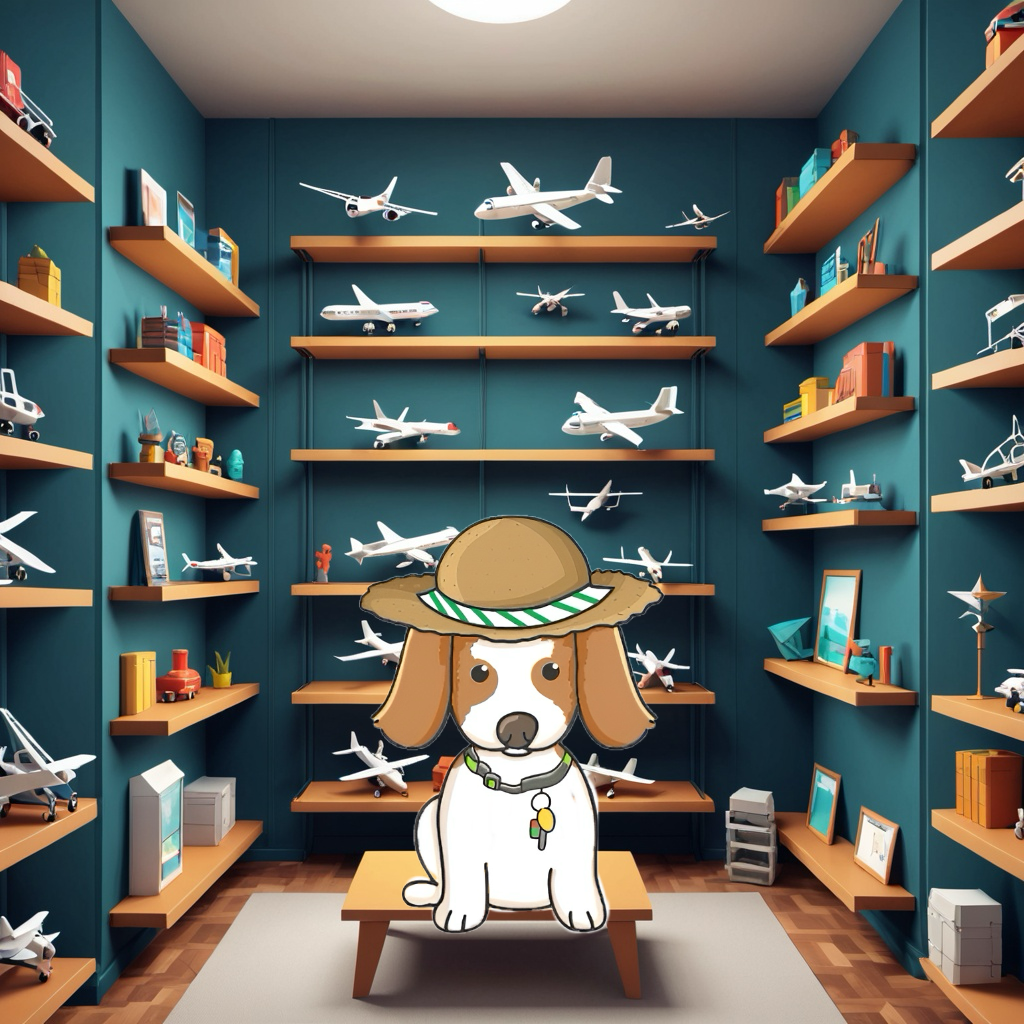 A dog wearing a hat is sitting on a table in front of shelves with airplanes on them