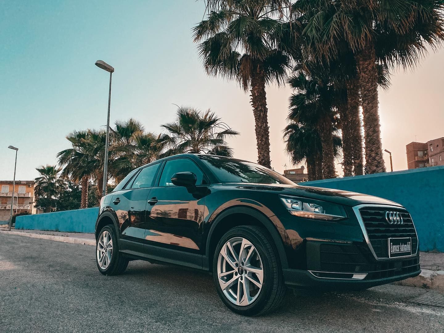 un'audi q2 nera è parcheggiata sul lato della strada accanto alle palme.