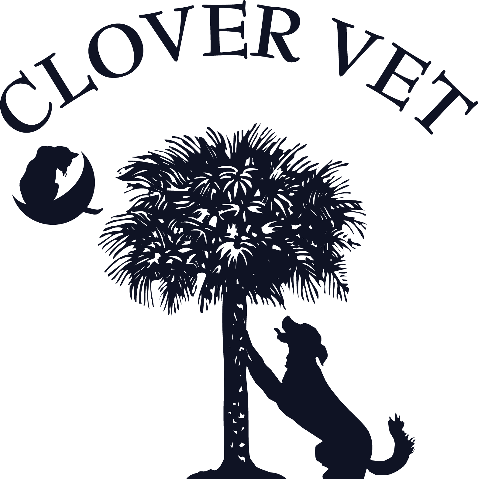 A black and white logo for clover vet with a palm tree and a dog