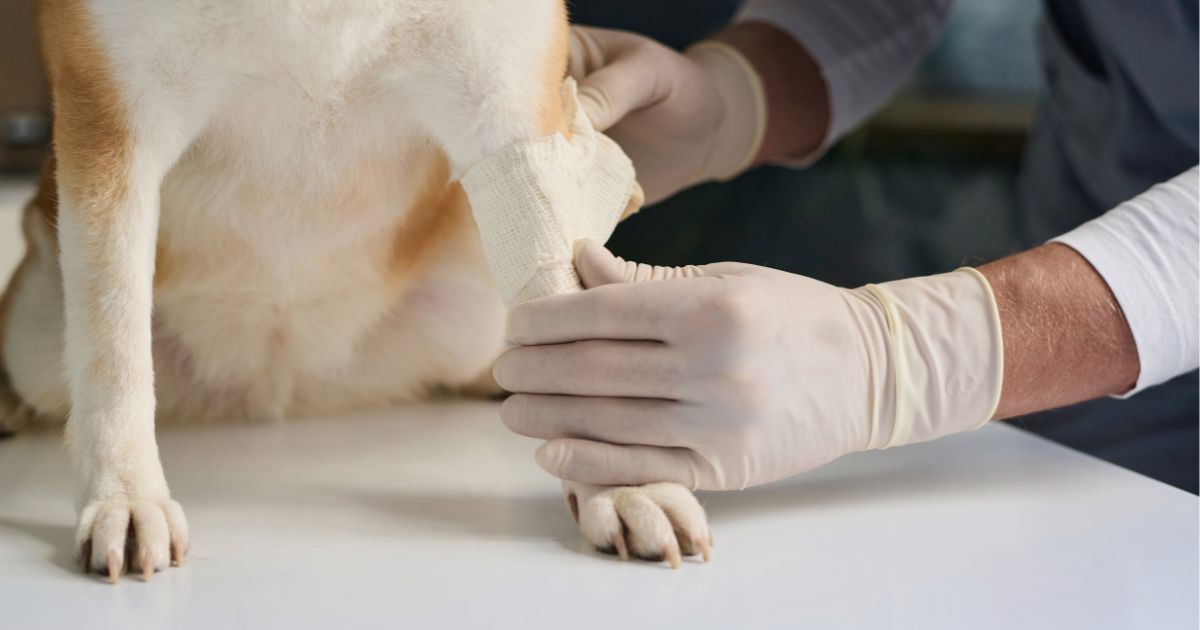 Vererinarian examining a dog's leg