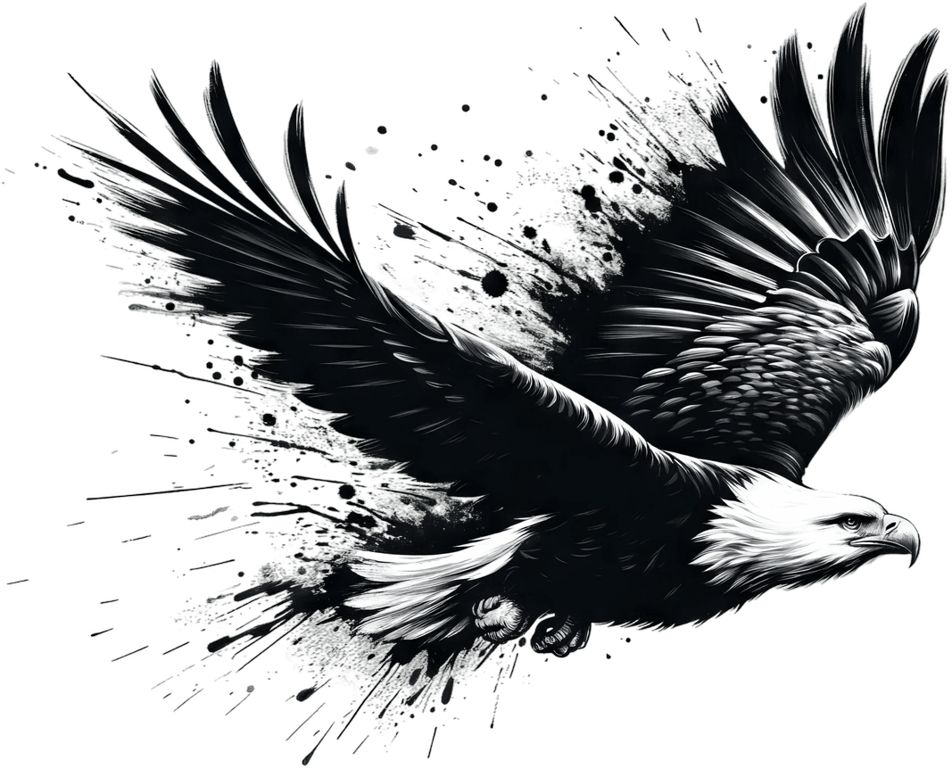 A black and white drawing of a bald eagle flying with its wings spread.