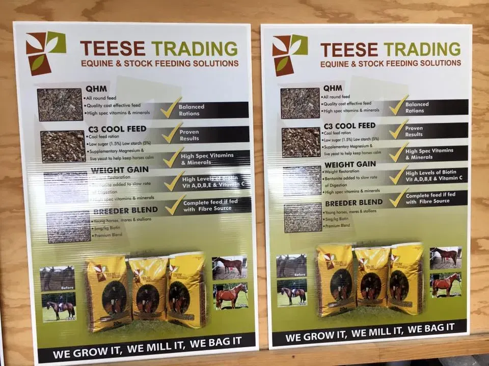 Two posters for teese trading are on a wooden table