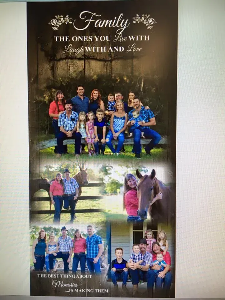 A collage of pictures of a family with the words `` family the ones you love with laugh with and love ''