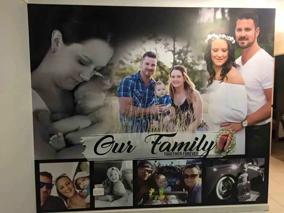 A collage of pictures of a family with the words our family