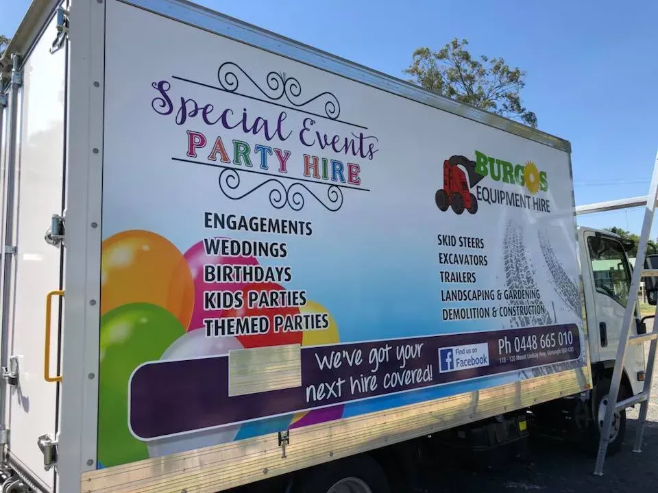 A truck with a sign on the side that says special events party hire