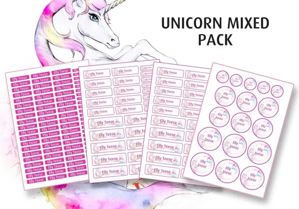 A unicorn mixed pack of stickers with a unicorn in the background.