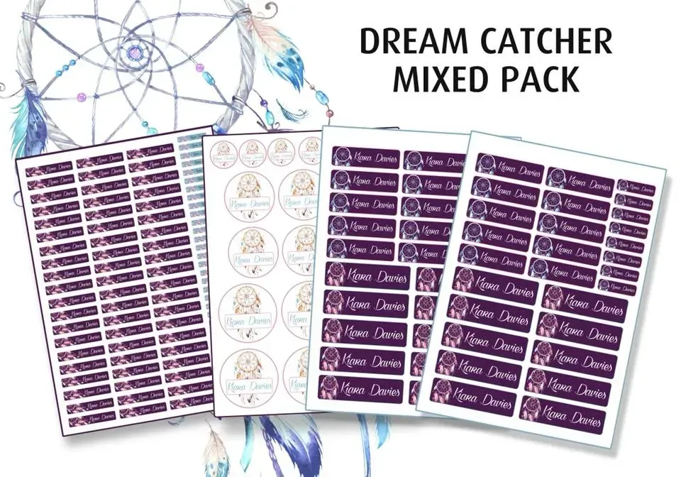 A mixed pack of dream catcher stickers with a dream catcher in the background.