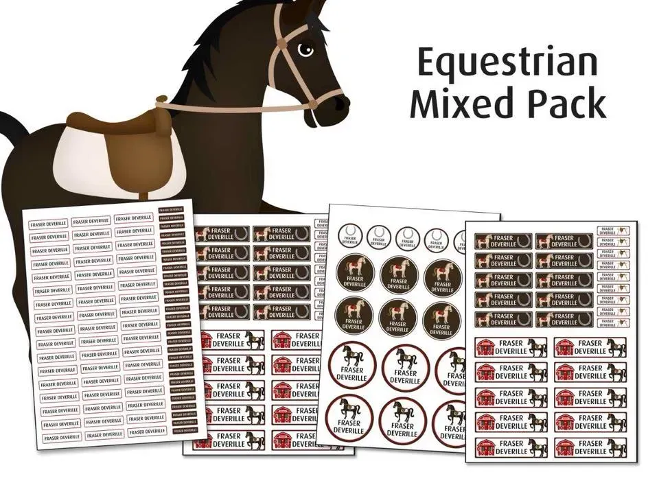A mixed pack of equestrian stickers with a horse in the background