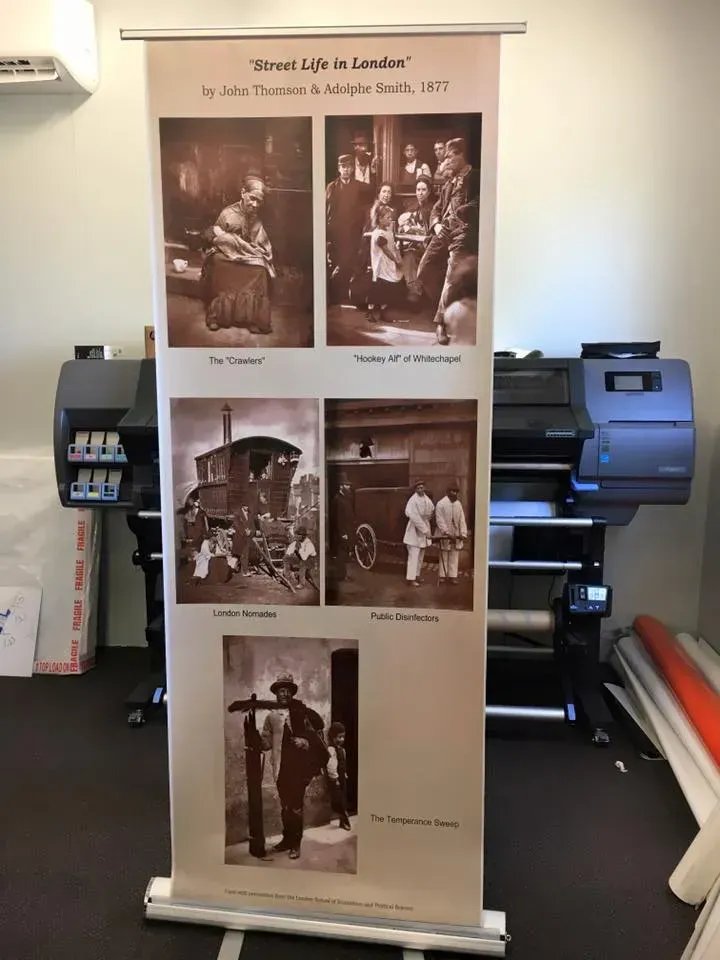 A black and white photo display with the words 