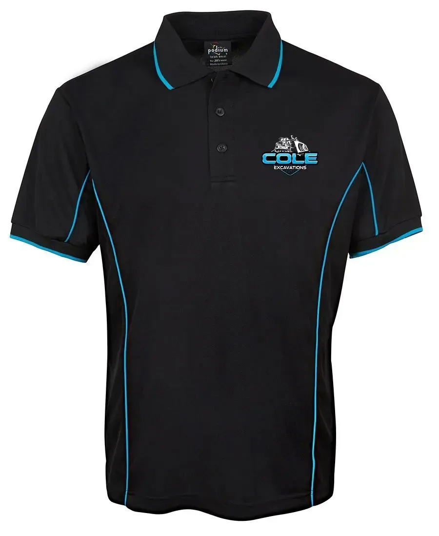 A black polo shirt with a blue stripe on the sleeves