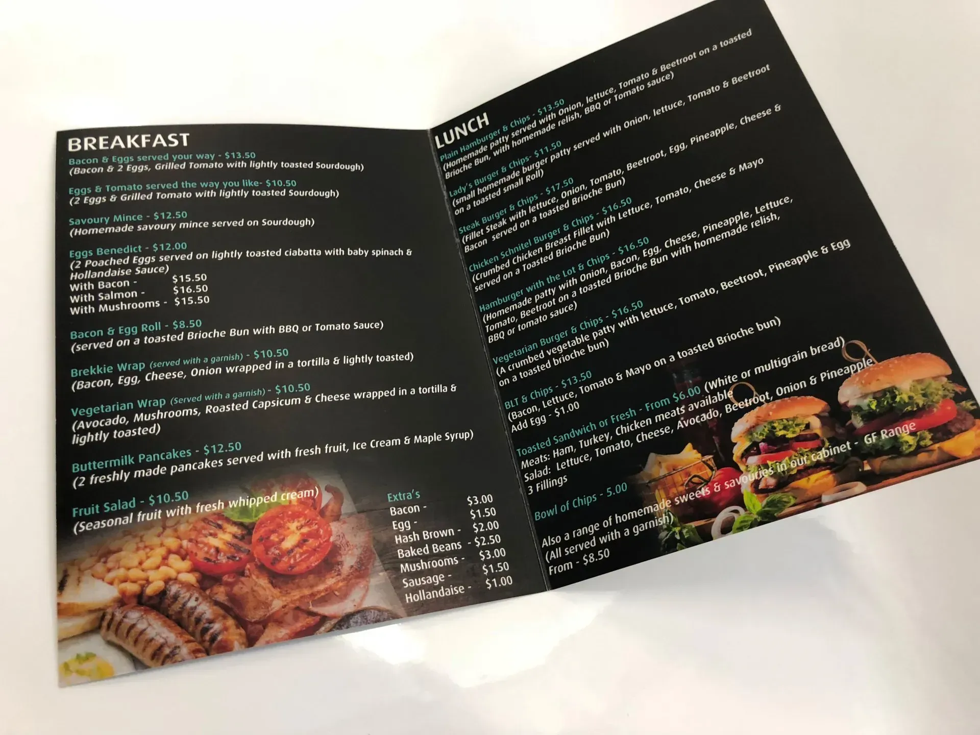 A menu is open to a page that says breakfast