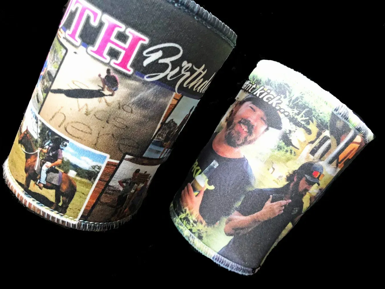 Two can holders with a picture of a man on them