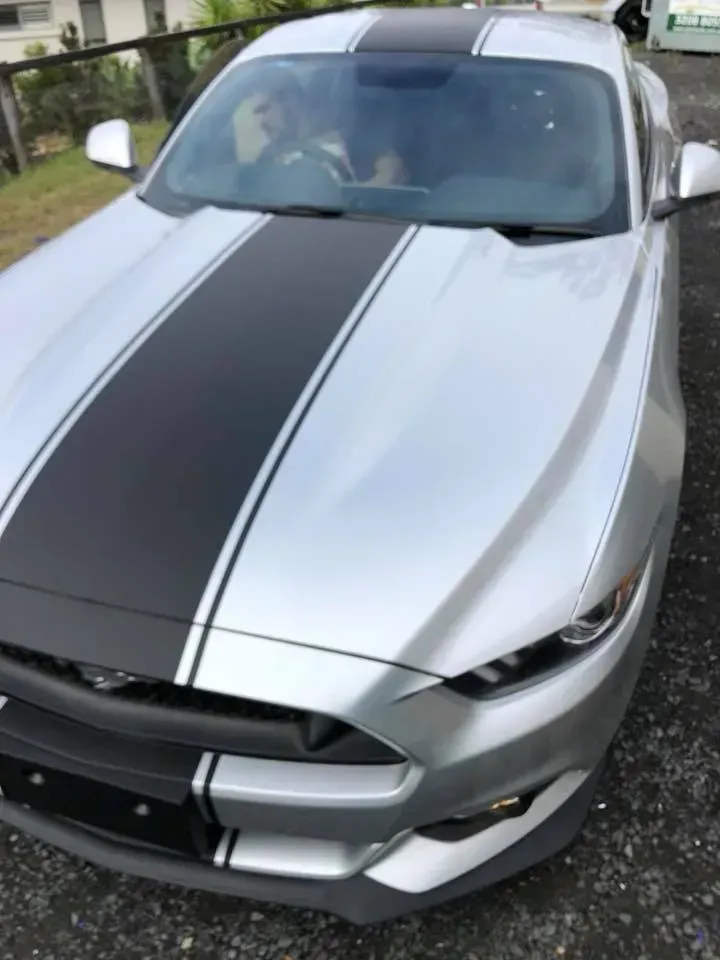 A silver mustang with black stripes on the hood is parked in a driveway.