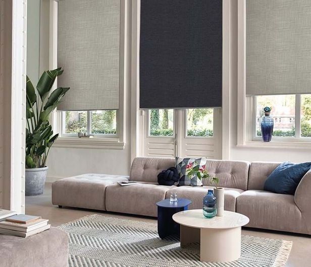 Living room with neutral sectional sofa, round coffee tables, window blinds, and large potted plant.