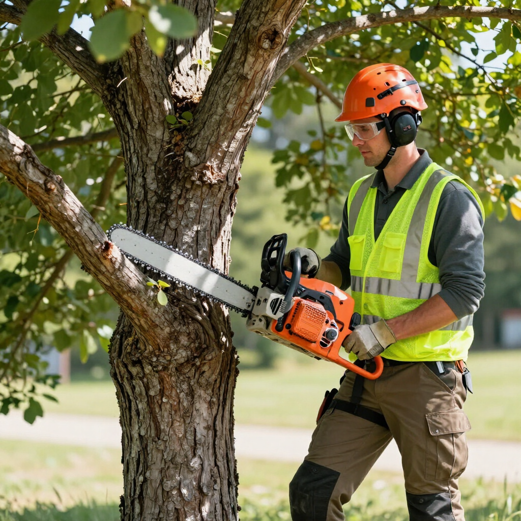 Worker in orange helmet and safety vest using a chainsaw to cut a tree branch outdoors