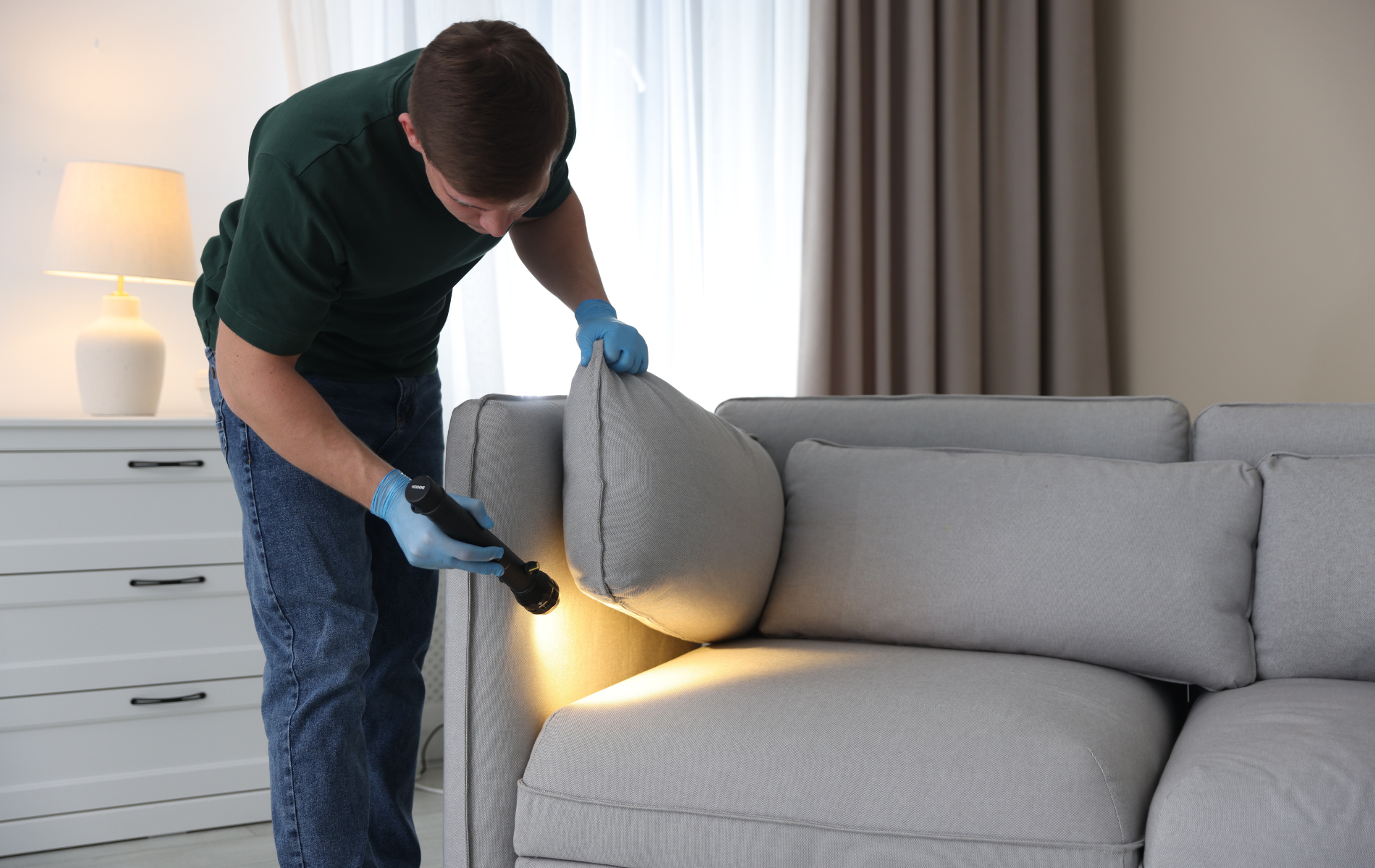 A person in blue gloves uses a flashlight to inspect the seams of a gray upholstered sofa for bed bugs.