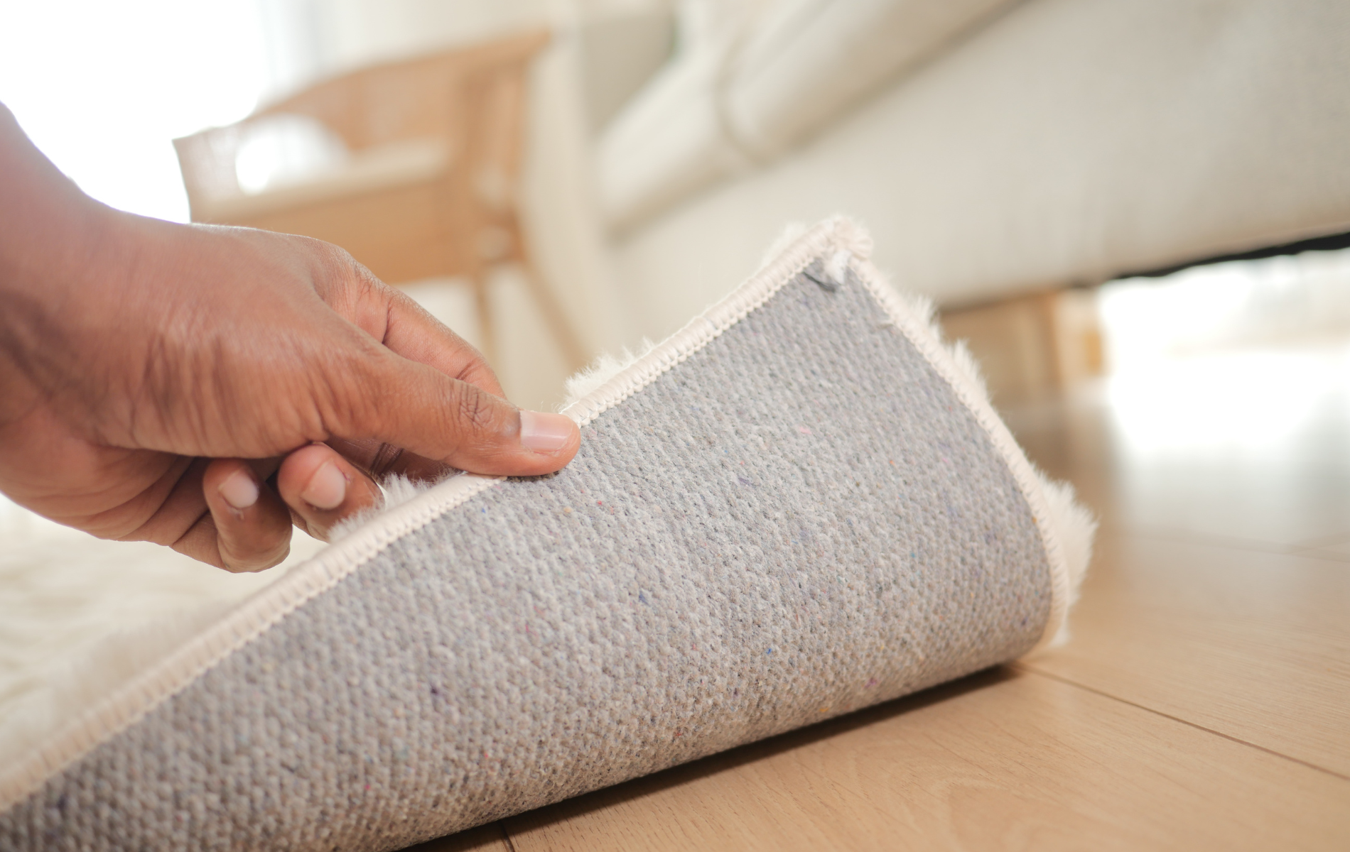 A person's hand lifts the corner of a textured rug to reveal a light-colored wood floor in a home setting.