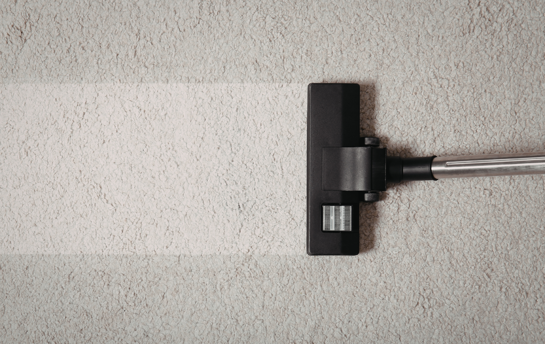 A vacuum cleaner head on a textured carpet, creating a clean stripe where it has passed.