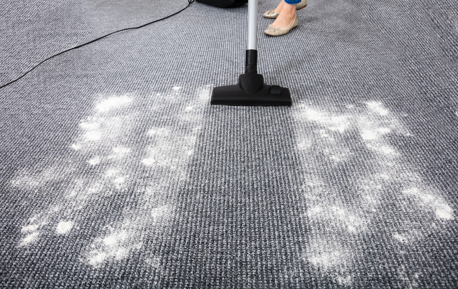 A vacuum cleaner nozzle cleans a wide, straight path of white powder off a dark gray, textured carpet.