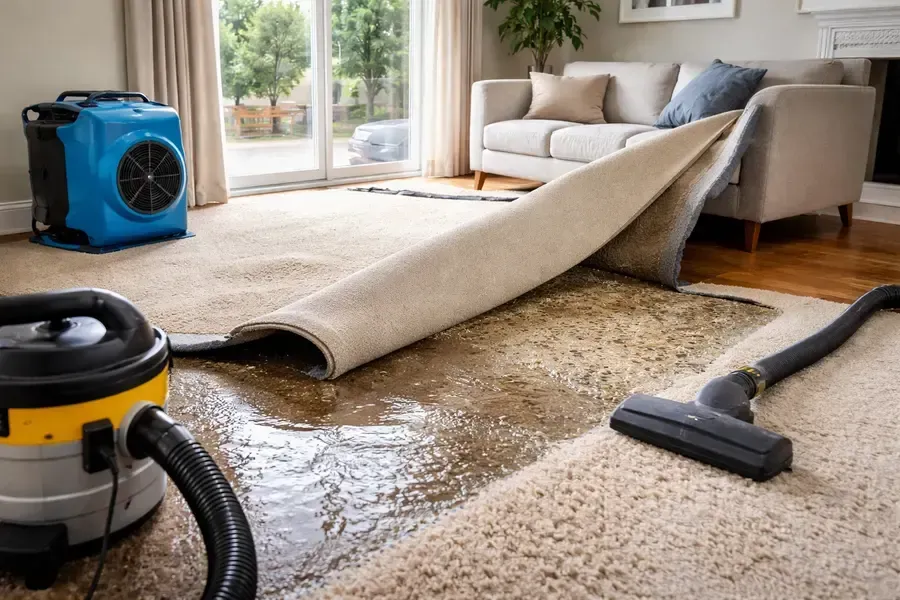 A wet-vac, air mover, and rolled-back carpet in a living room, showing the process of water damage restoration.