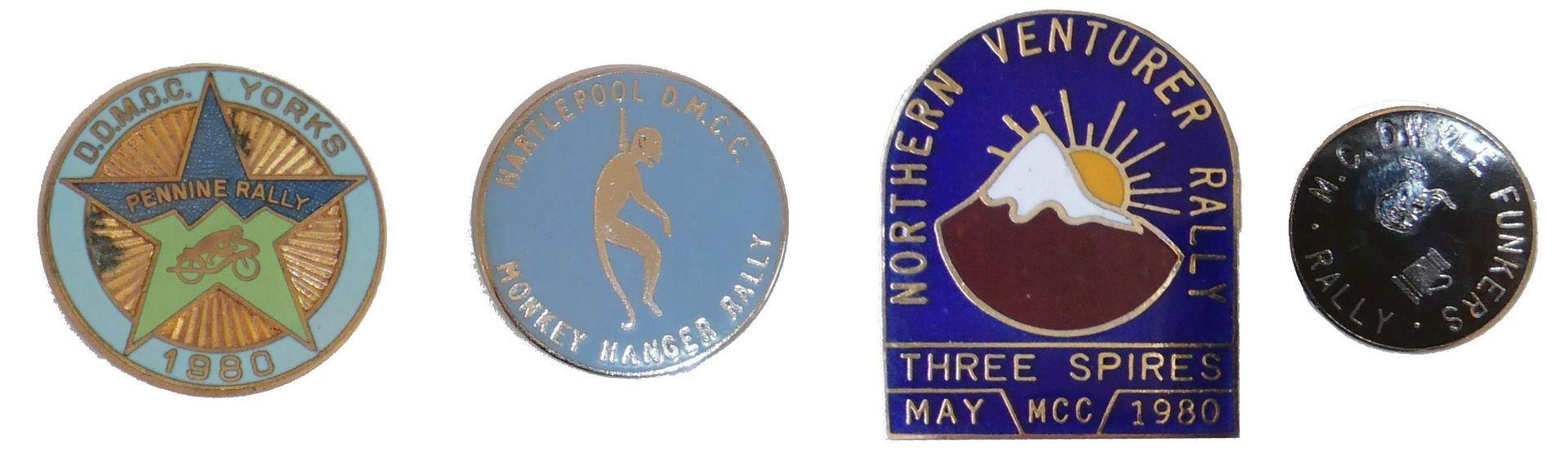 My badges for Pennine, Monkey Hangers, Northern Venturer and Dwyle Funkers1980