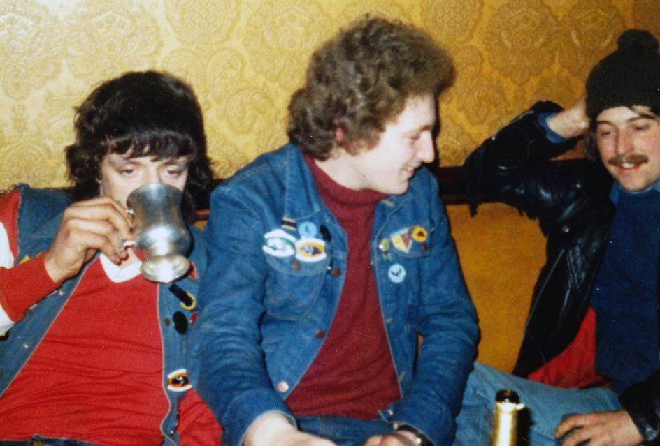 Photo of me, centre, wearing some of the rally badges from the day, probably about 1979