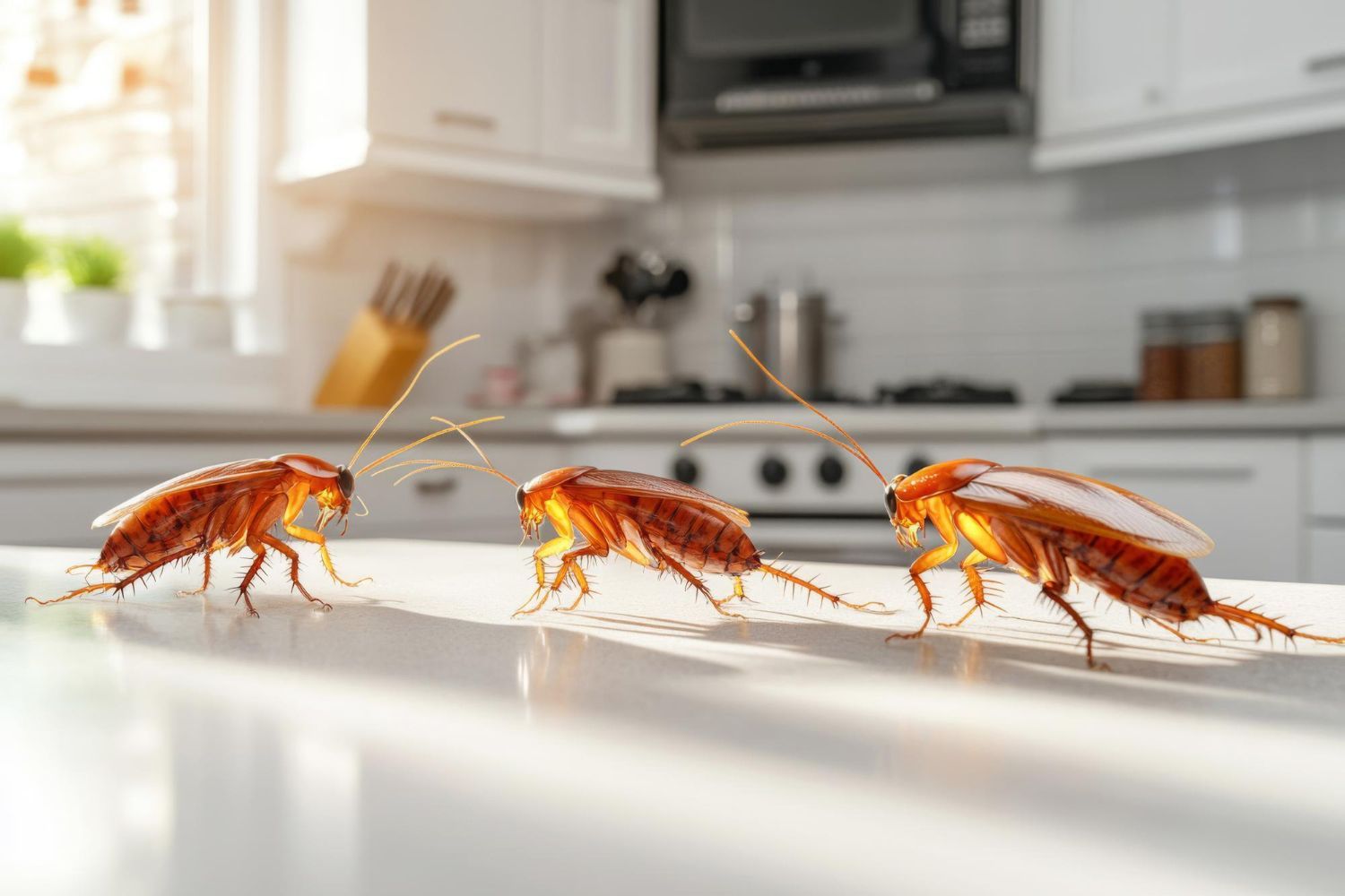 Three cockroaches on a white kitchen counter, lit by sunlight; kitchen background.