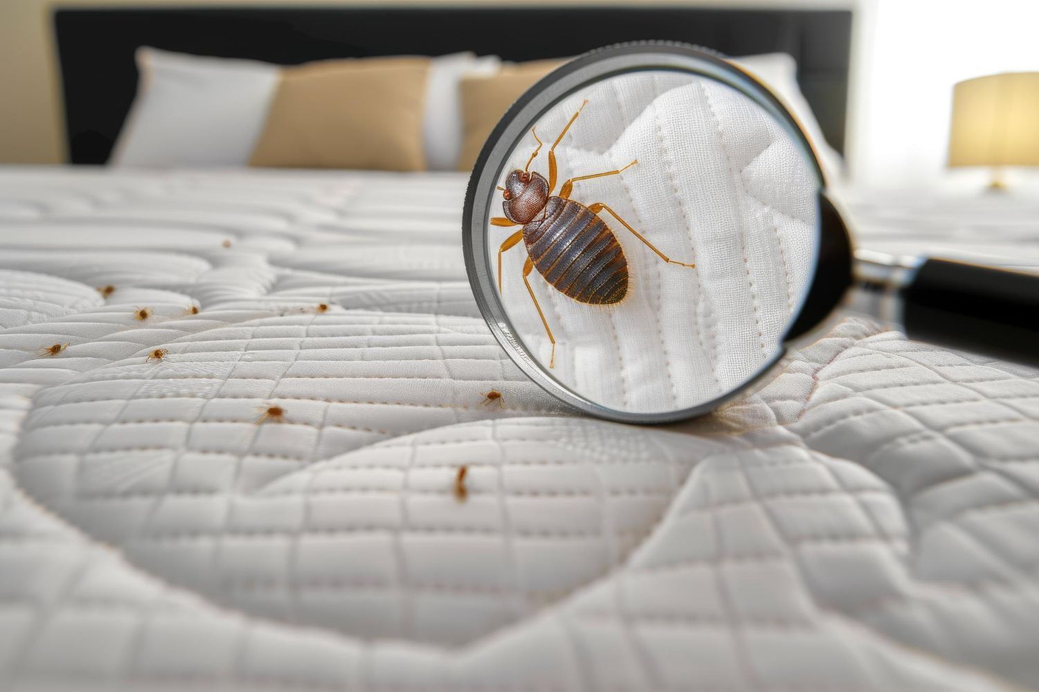 Bed bug magnified on a mattress, with other bed bugs visible.