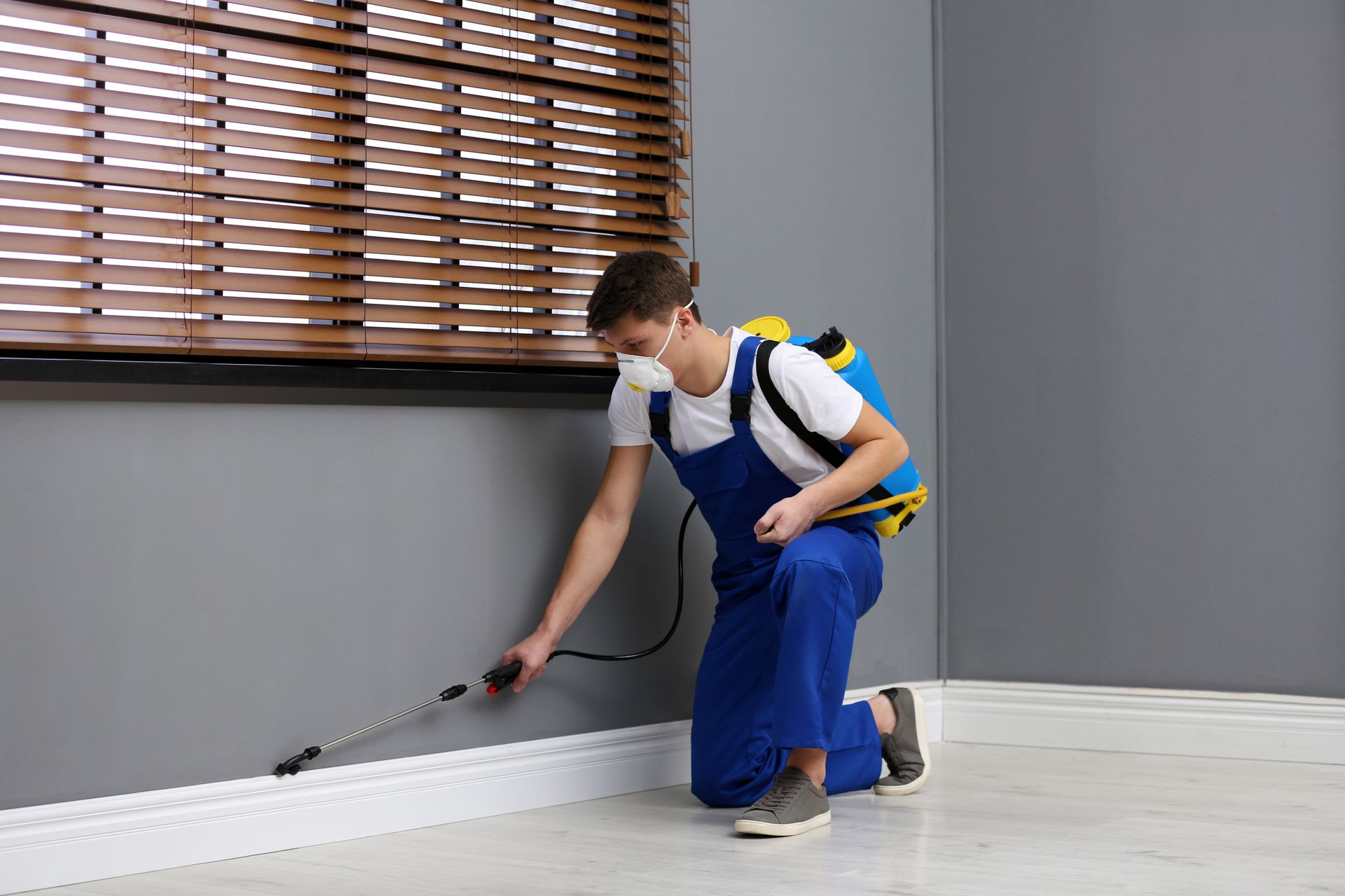Pest control worker kneeling, spraying insecticide along baseboard in a room.