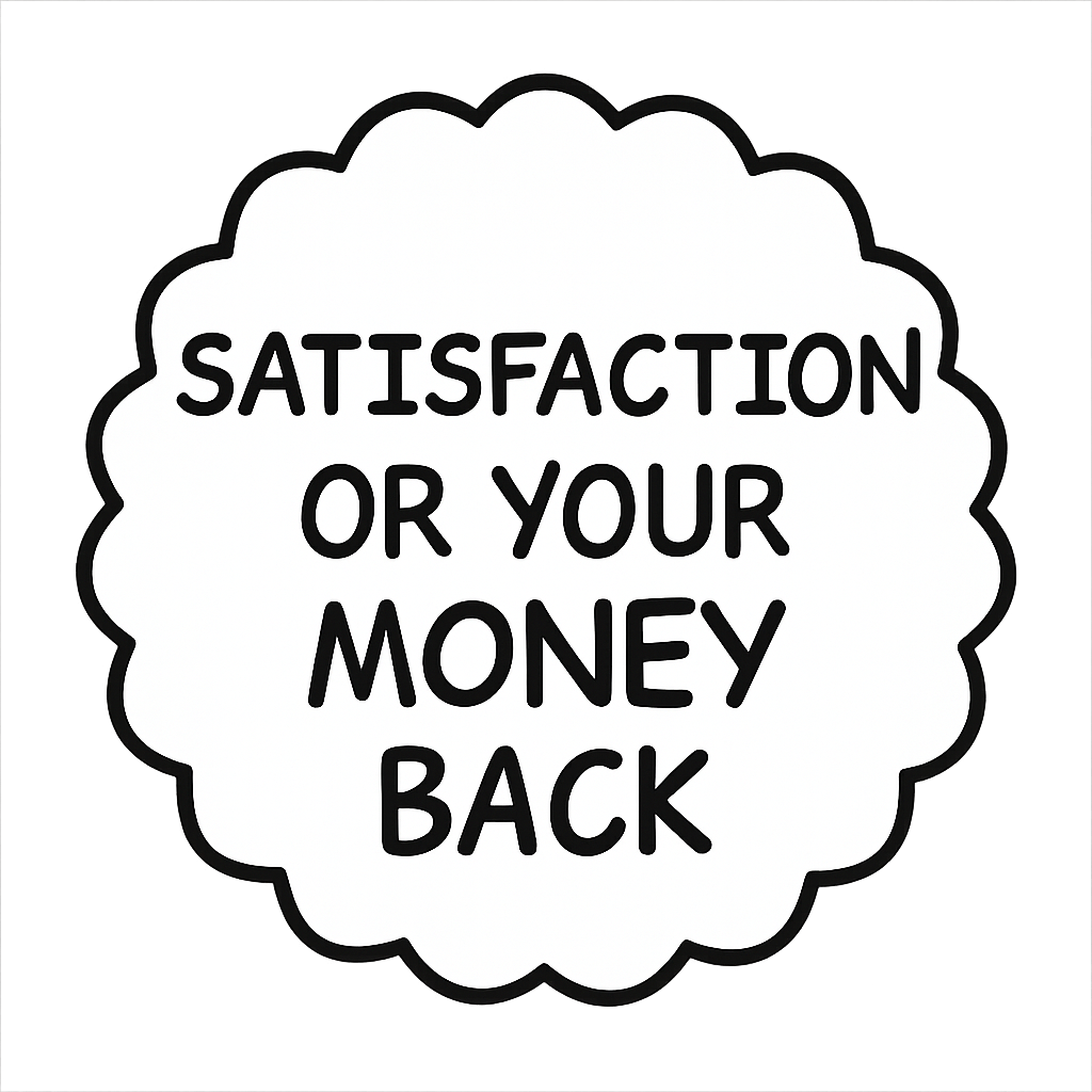 A black and white sticker that says `` satisfaction or your money back ''.