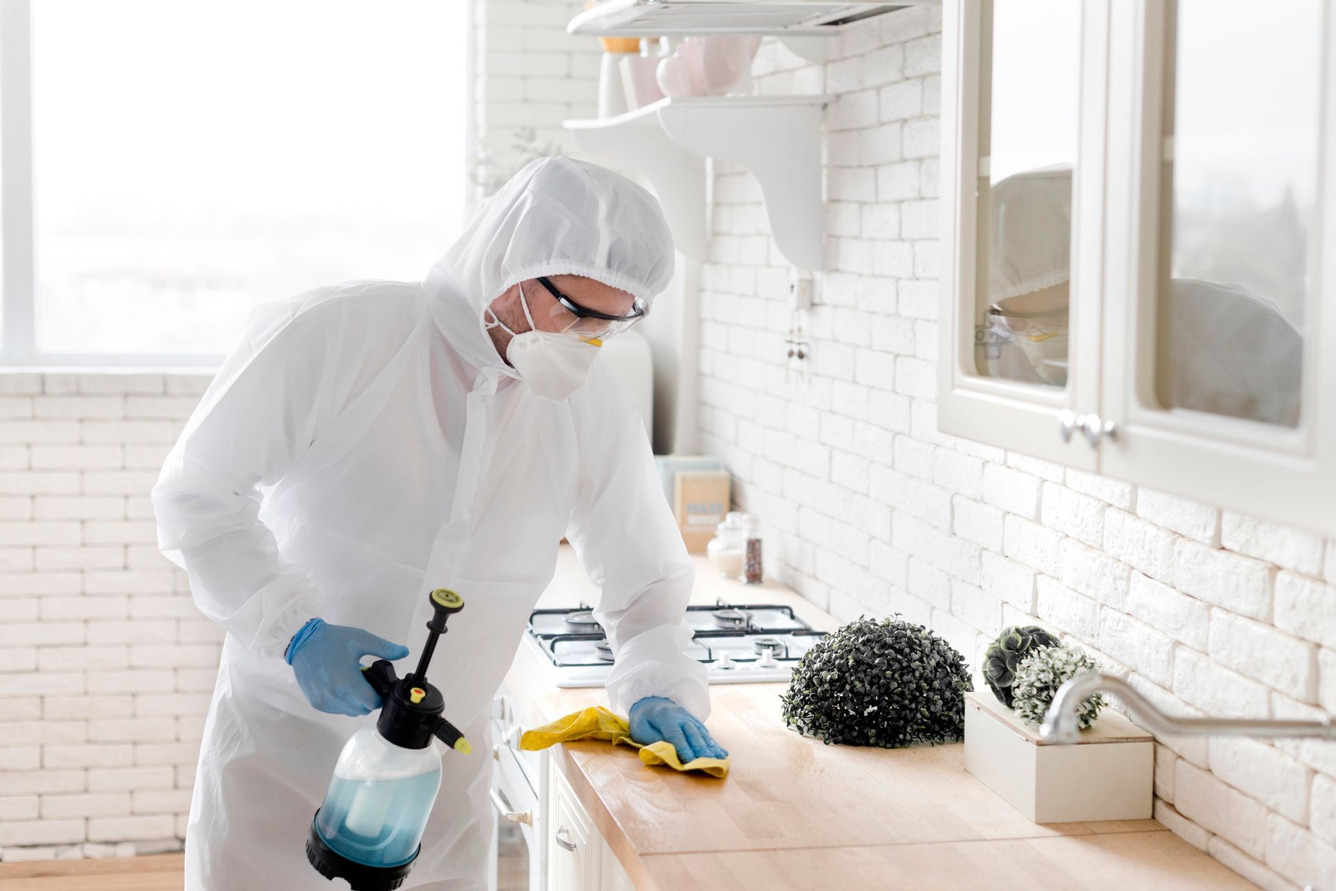 Person in protective suit spraying a kitchen counter with cleaning solution.