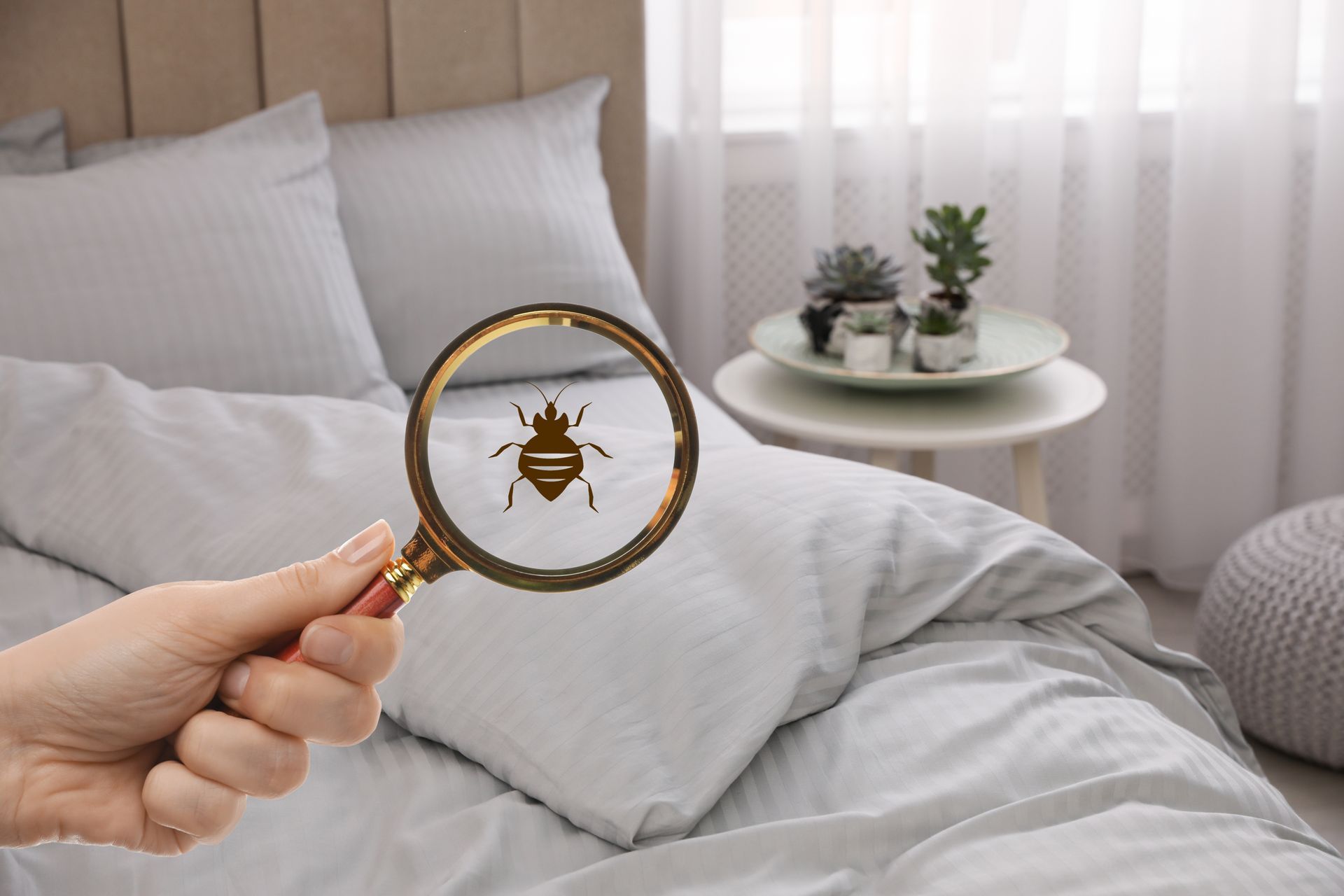Hand holding magnifying glass over bed, with a bedbug icon.