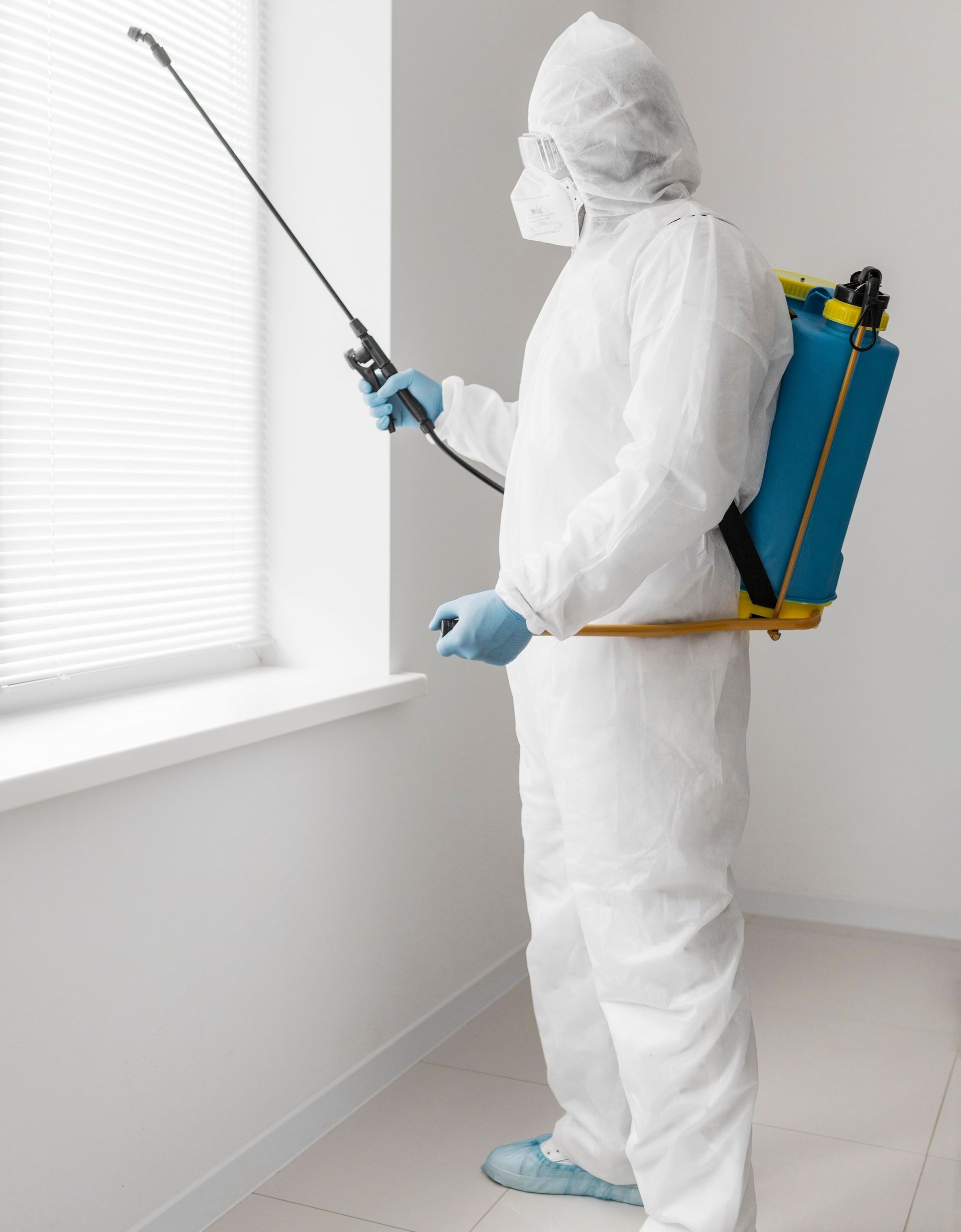 A man in a protective suit is spraying a window with a sprayer.