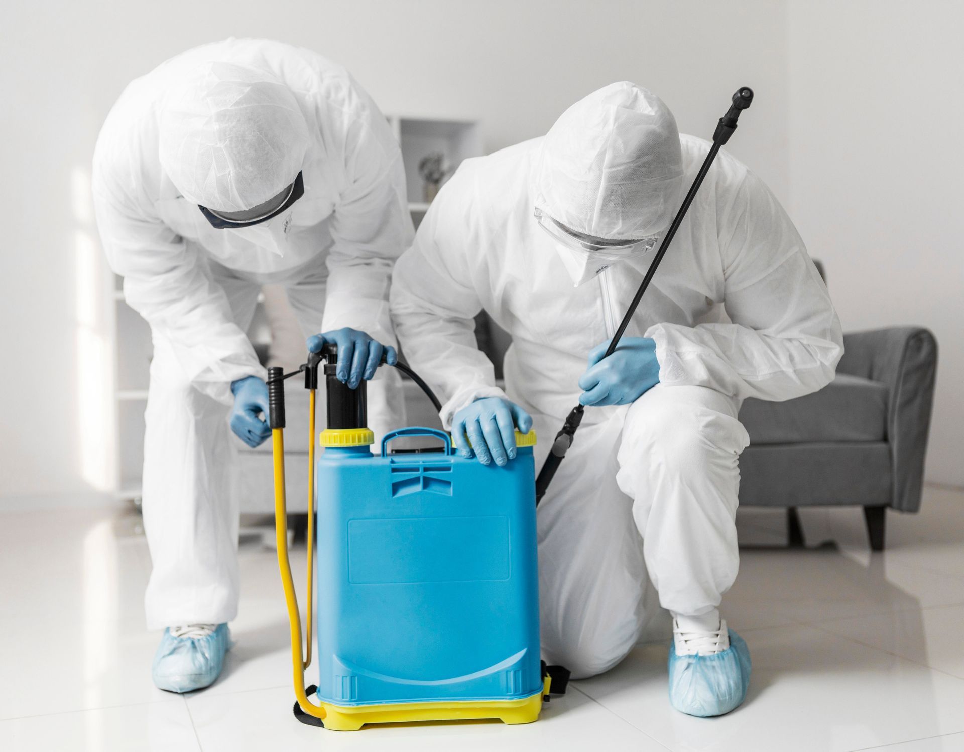 Two men in protective suits are spraying a room with a sprayer.