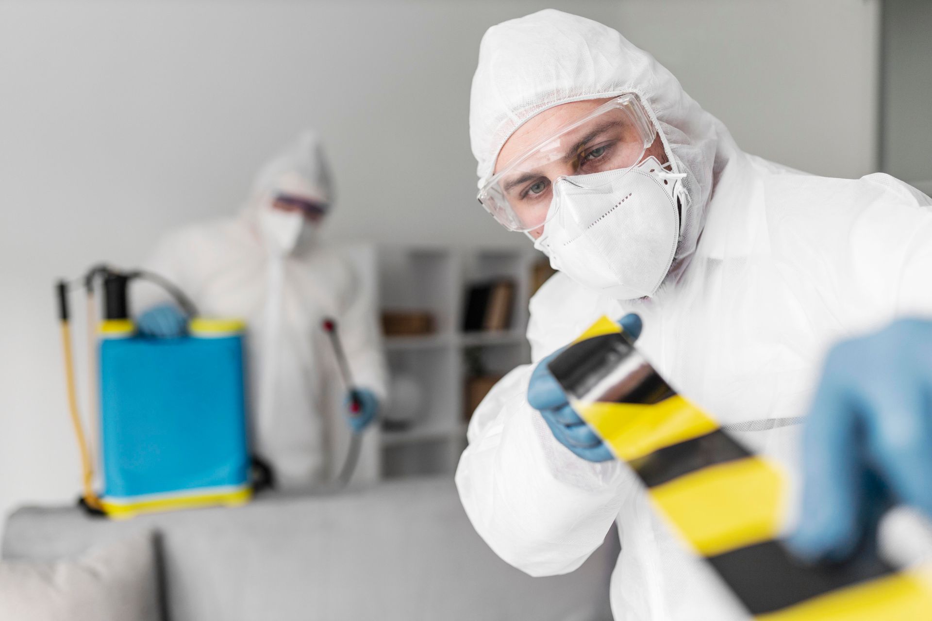 A man in a protective suit is cleaning a room.