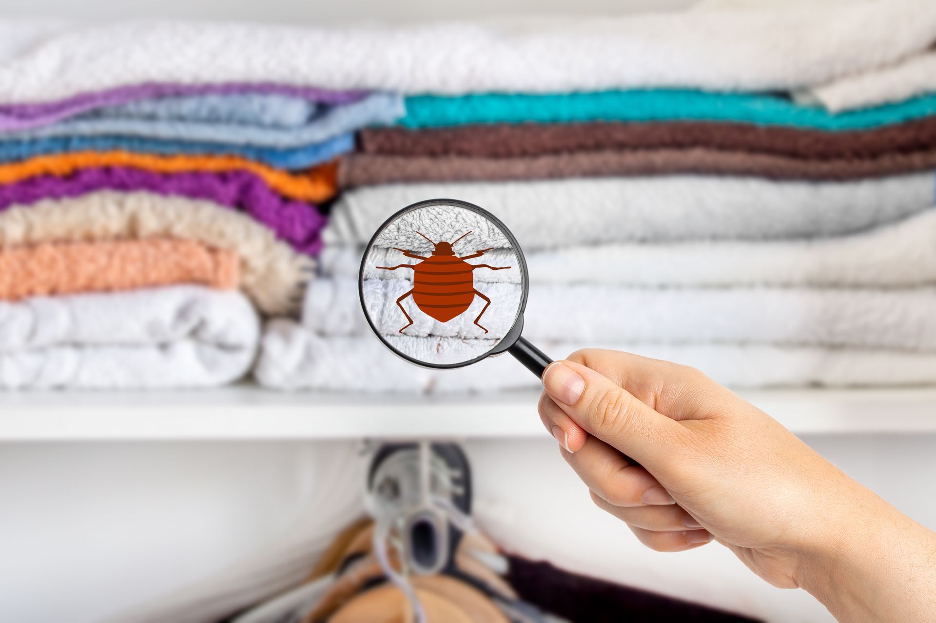 A person is holding a magnifying glass over a bed bug in a closet.