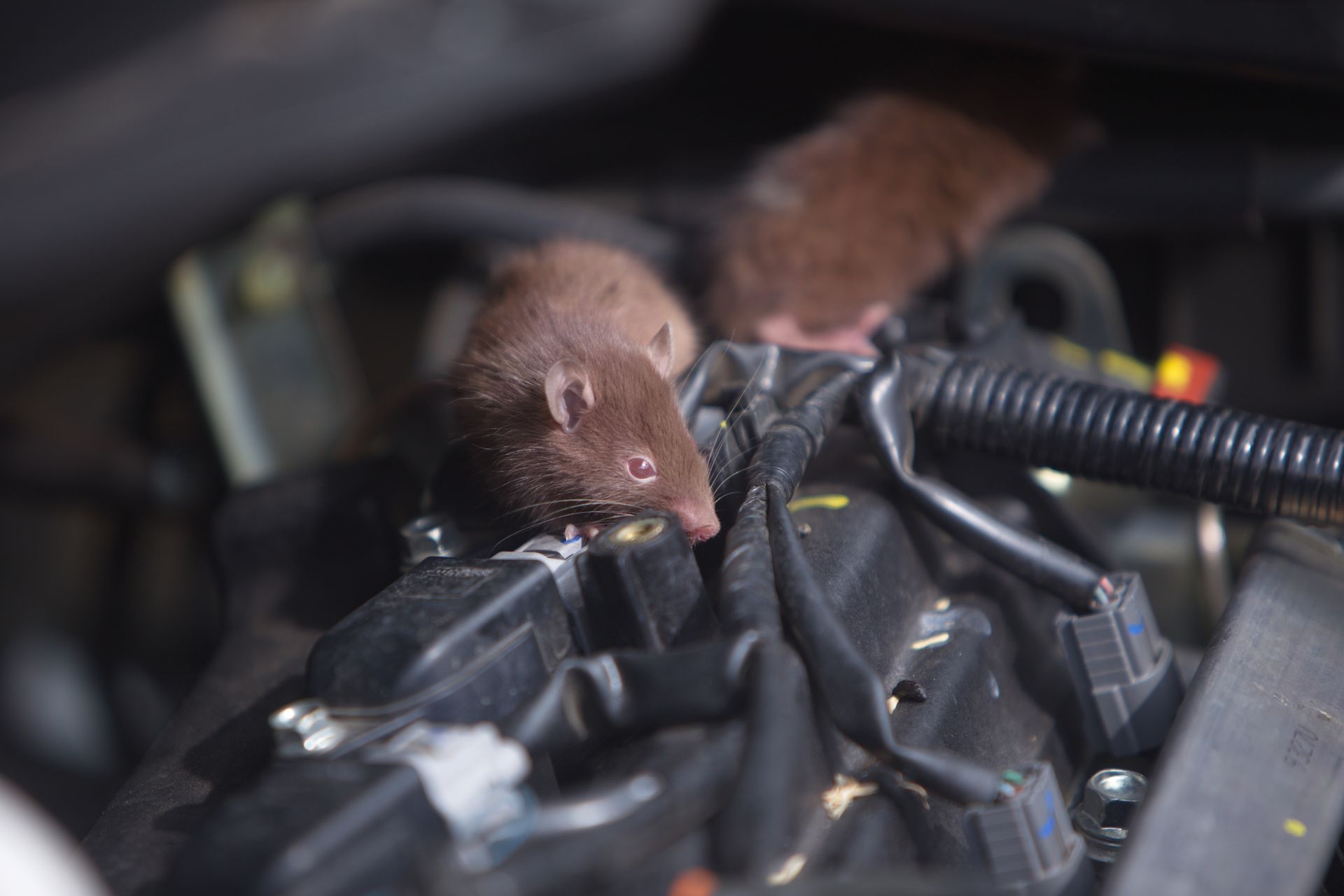 Two mice are sitting on top of a car engine.