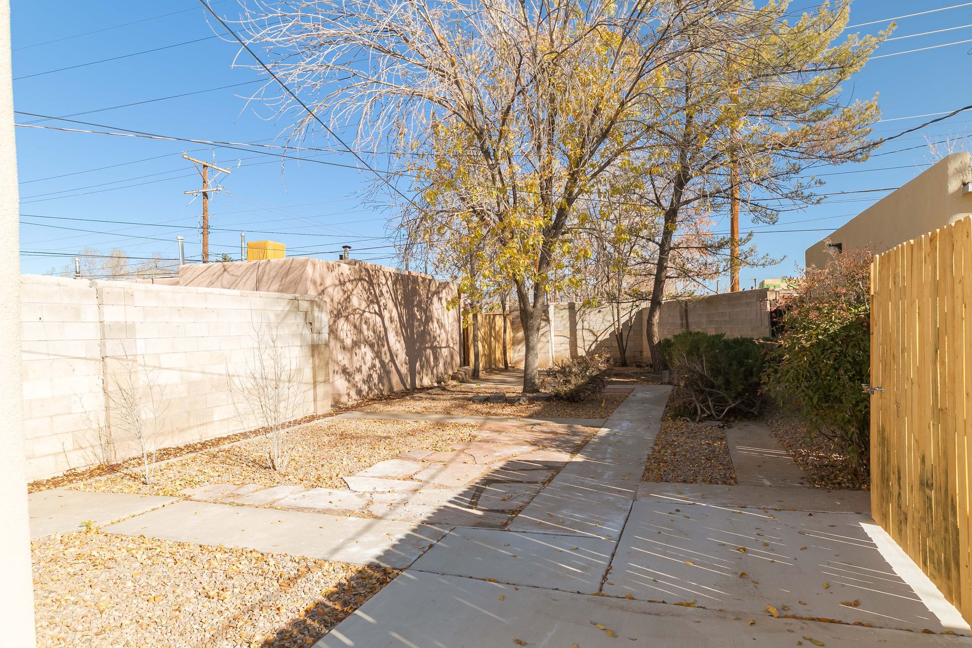 A backyard with a concrete walkway and a wooden fence.
