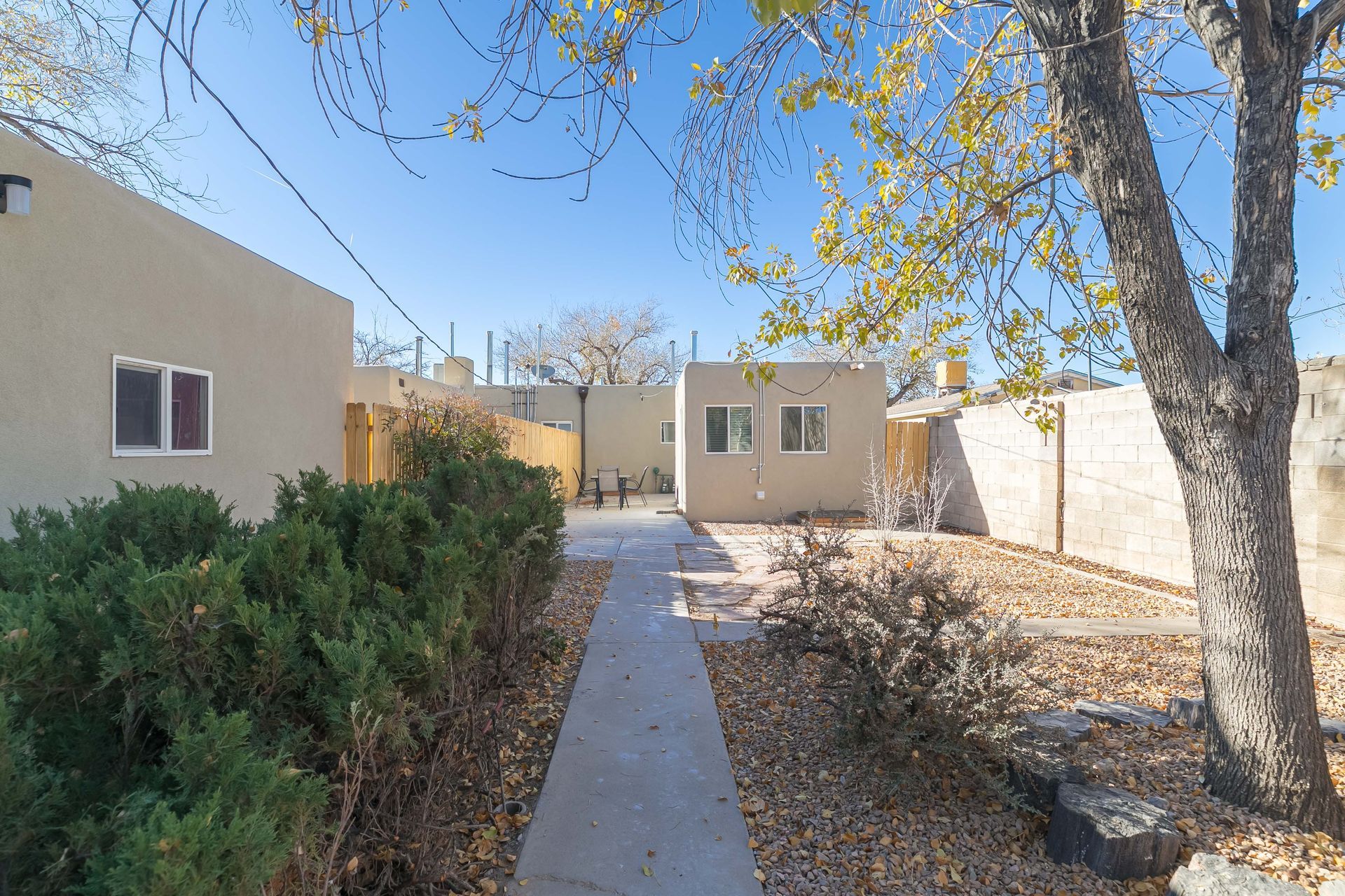 A walkway leading to a house with a tree in front of it.