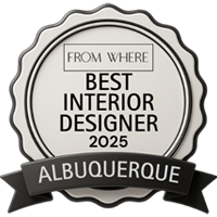 Best Interior Designer 2025 Albuquerque award badge with black and white design.