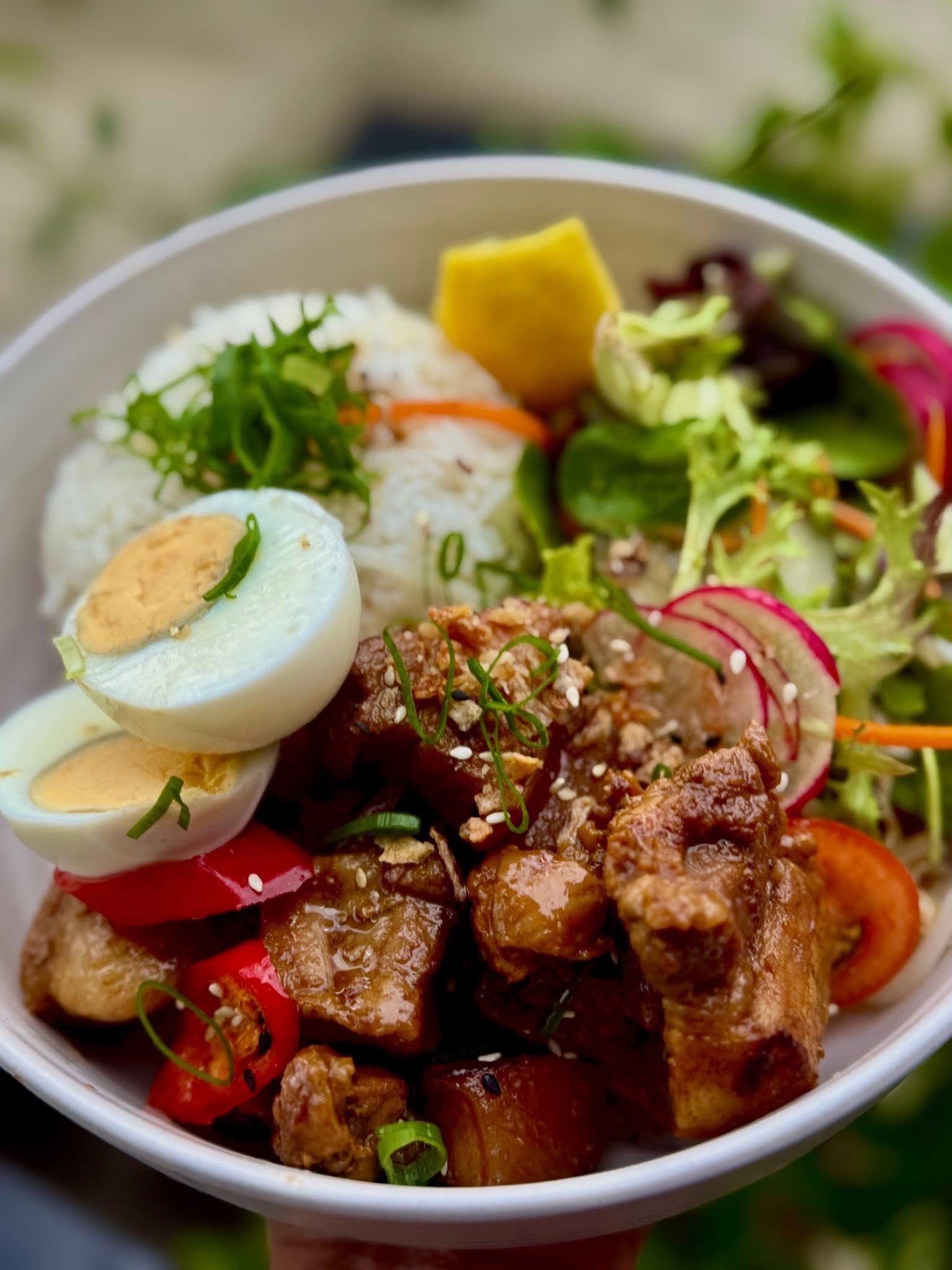 Bowl of adobo pork with rice, egg, salad, and lemon wedge.