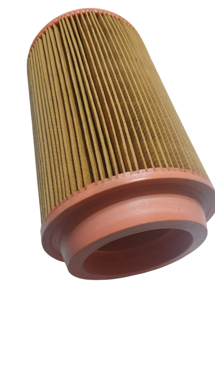 Filtro de aire cilíndrico, papel plisado de color tostado, tapas de extremo de color rosa.