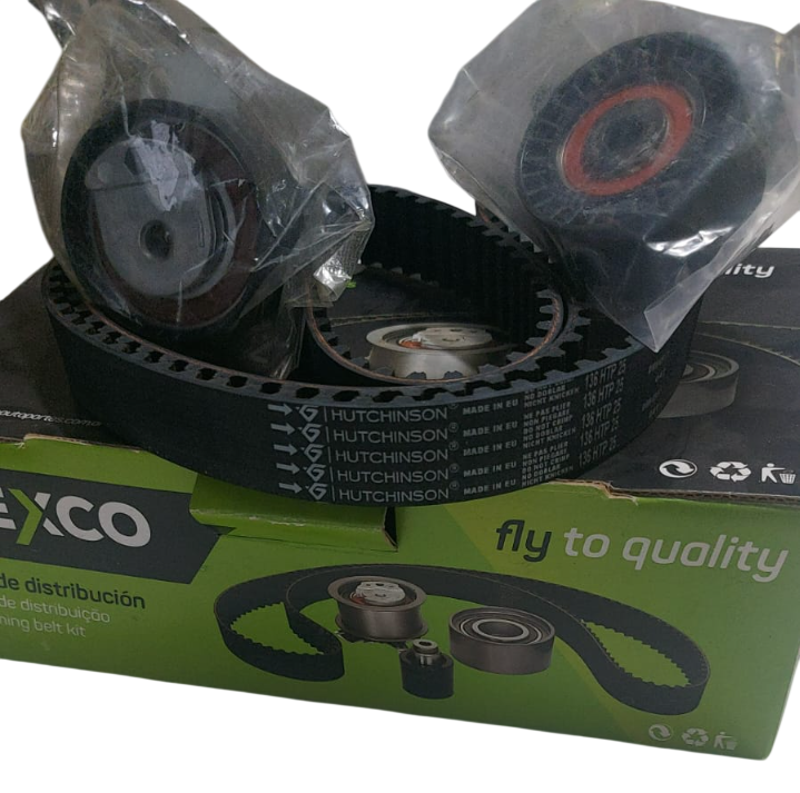 Kit de correa de distribución, caja verde, correas y poleas negras. Texto 