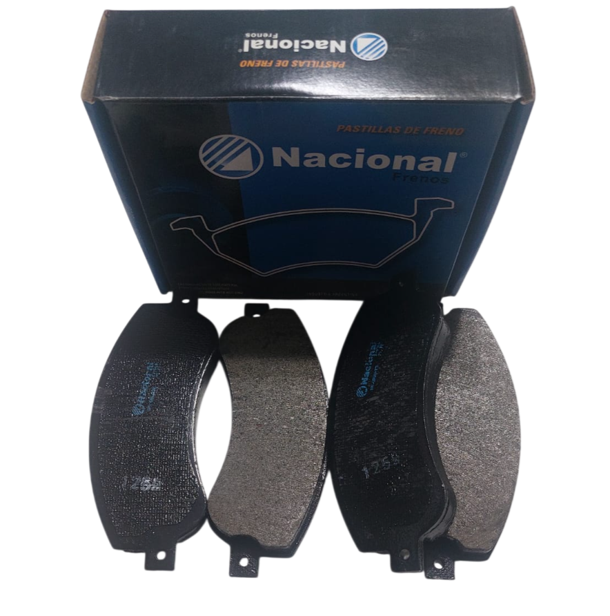 Caja de pastillas de freno Nacional, con cuatro pastillas visibles al frente. Negras y grises.