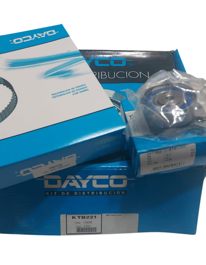 Cajas para kit de distribución Dayco, color azul y blanco, con correa y tensor.