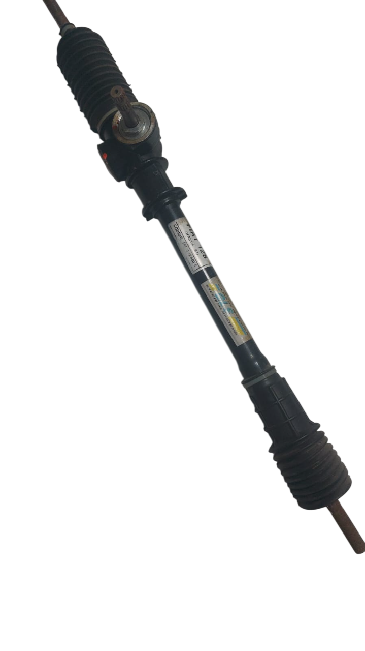 Conjunto de cremallera de dirección con componentes negros y fuelles de goma.